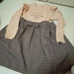 ハート刺繍フリル袖チェックワンピース120