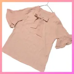 良品】シーン/リボン付/ボウタイ半袖ブラウス/くすみピンク/M/フレア袖のサムネイル
