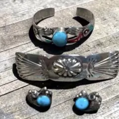 ターコイズ シルバー 925 NAVAJOブレスレット&バレッタ&ピアス セットのサムネイル