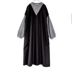 サニークラウズ LL大きいサイズ 異素材切替レイヤード風ワンピース黒フェリシモ