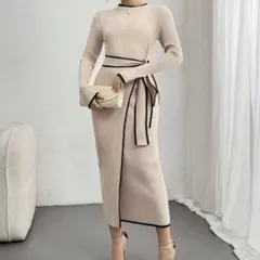 ベージュ ニットワンピース リボン付き