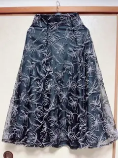 プロポーション 黒 花柄刺繍 オーガンジー　ロングスカート　マキシ　ブラック