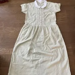 ピンクハウス　白丸襟ギンガムチェックのワンピース　黄緑系