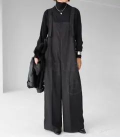 antiqua アンティカ ストライプ柄 サロペット 黒 ブラック