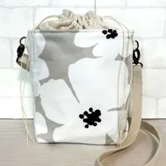 巾着付きショルダーバッグ　花柄ベージュ