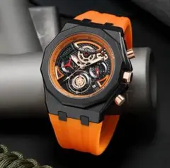 【存在感抜群】メンズ腕時計 オレンジ ラバーベルト ラグジュアリーデザイン