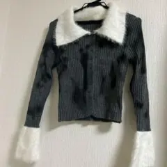 ファー付きグレーリブ編みカーディガン