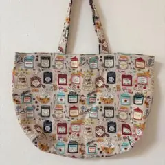 ハンドメイド　大きめ　エコバッグ　トートバッグ　猫柄　紅茶