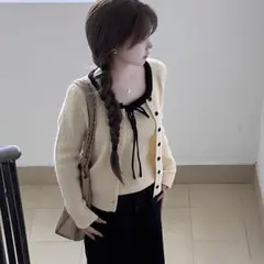 白ニットカーディガン インナー付き リボン SHEIN