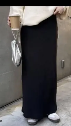 -3キロ見え　すっきりシルエット　タイト　リブスカート　M ブラック　ストレッチ