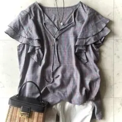 美品 ANAYI アナイ グレンチェック フリルブラウス リボン グレー Mのサムネイル