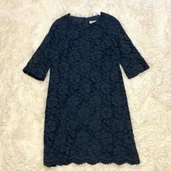 【GEORGES RICH】美品ダークグリーン花柄レース 七分袖 ワンピースS