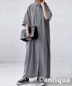 antiqua 綿混素材ストライプシャツワンピース