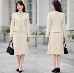 【美品】a.v.v ノーカラー スカートスーツ ラメ レース ベージュ M