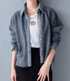 異素材切り替え デニムドッキングニットカーディガン