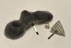 猫チャーム付きグレーリボン パール ポニーフック
