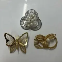蝶と花のデザイン ブローチセット 3点