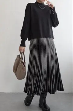 ニットセットアップ・配色ストライプスカート・ブラック・L 新品！