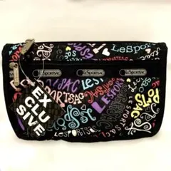 【未使用タグ付】レスポートサック ポーチ 黒 カラフルロゴ ハート 美品