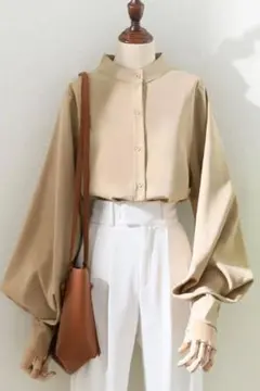 【トップス】 ブラウス ランタンスリーブ ノーカラー 【トップス】