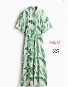 ベルテッドシャツドレス H&M リーフ柄 シャツワンピース XS 骨スト