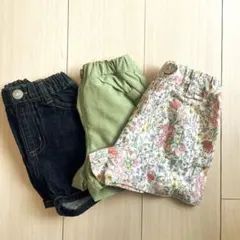 ショートパンツ3点セット 90cm デニム、グリーン、花柄
