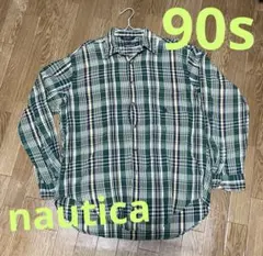 希少USA古着ノーティカ90s当時物ネルシャツ刺繍ロゴ 柄シャツ グリーン