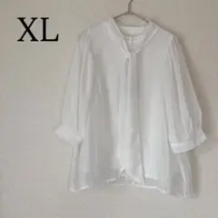 七分袖 ボウタイブラウス シアーブラウス XL シャツ トップス オフホワイト