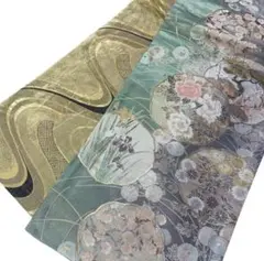 #J651 袋帯 六通 リバーシブル帯 金糸 雪輪 よろけ縞 正絹 フォーマル帯