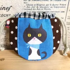 ハンドメイド　まるいミニ巾着 (ネコ　水玉　チェック)