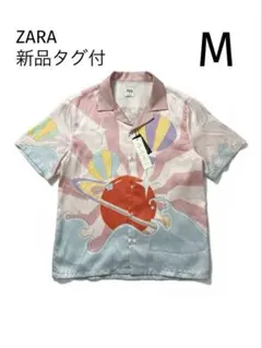 【未使用タグ付】ZARA ザラ サテン プリントシャツ オープンカラー 半袖 Mのサムネイル