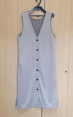 ベージュ ノースリーブ Vネック ロングワンピース★Mサイズ★ヘリンボーン柄