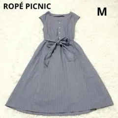 ロペピクニック ストライプ シャツ ワンピース M ブルー Aライン リボンのサムネイル