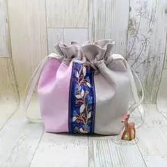 ♡インド刺繍リボン◇グレー×ネイビー◇ふんわり巾着