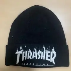 THRASHER ニット帽 黒 炎のロゴ刺繍