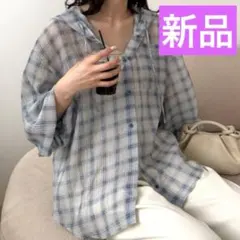 新品 チャオパニックティピー フード付きシアーシャツ 長袖 ブルー チェック柄②