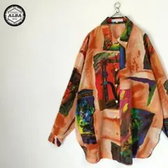 【美品】デザインシャツ　アートデザイン　レトロ　ヴィンテージ　橙　オレンジ　長袖