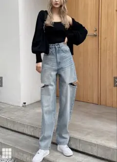 GRL グレイル スリットデニムワイドパンツ[cu420]ブルー S