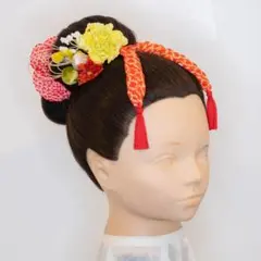 【七五三3歳/7歳髪飾り黄色G】かのこ（鹿の子）ちんころ組み紐白水引きゴールド