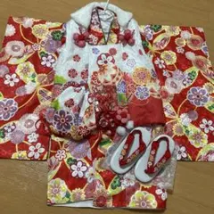 正絹】七五三用 3歳女の子の着物被布セット 赤白 鮮やかな花柄手毬刺繍