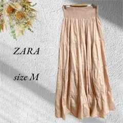 ZARA フレアロングスカート Mウエストゴム くすみピンク No.992