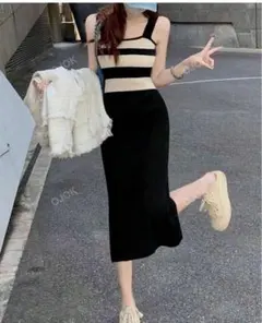 新品★ ストライプニットロングワンピース M