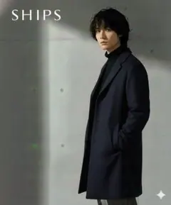 【美品】カシミヤ混 4B チェスターコート ウール S ネイビー 定番カラー