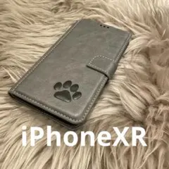 iPhoneXR 手帳型スマホケース　レザー　グレー　肉球　犬猫　足あと