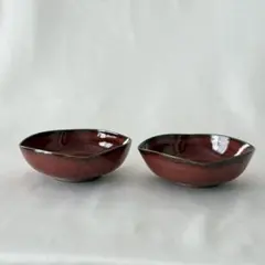 清水焼　赤い陶器の四角形皿2枚セット