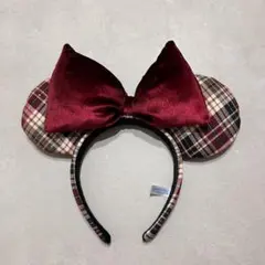 ディズニー カチューシャ ミニー チェック柄 ボルドーリボン
