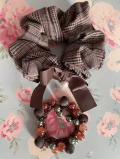 アネモネ ブラウン系 ヘアアクセサリー 2個 チェック リボン パール