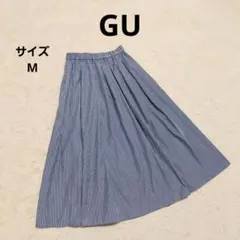 GU タックフレアミディスカート M ブルー ストライプ 個性的 カジュアル