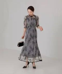 花柄リボンパフスリーブマーメイドワンピースドレス　ブルー