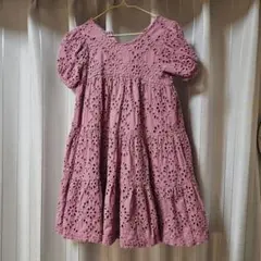 プティマイン刺繍ピンク半袖ワンピース